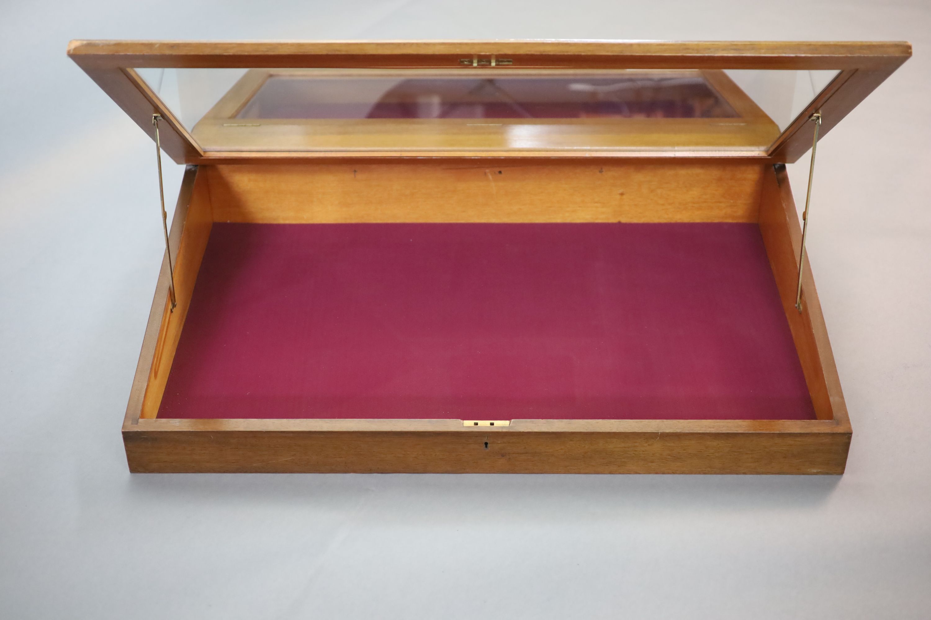 A 20th century teak table top double display case, from the Library of the Royal College of Surgeons, width 103cm depth 128cm height 108cm